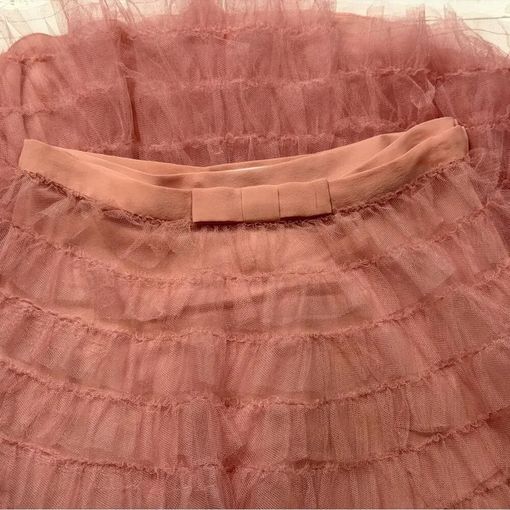 Christian Dior SS18 Pink Tulle Ruffle Midi Skirt IT 40 Twee Bow waist Authentic